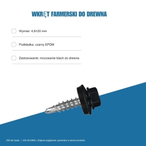 Wkręty farmerskie do blachy 4,8x20 mm do drewna – 250 szt., kolor do wyboru
